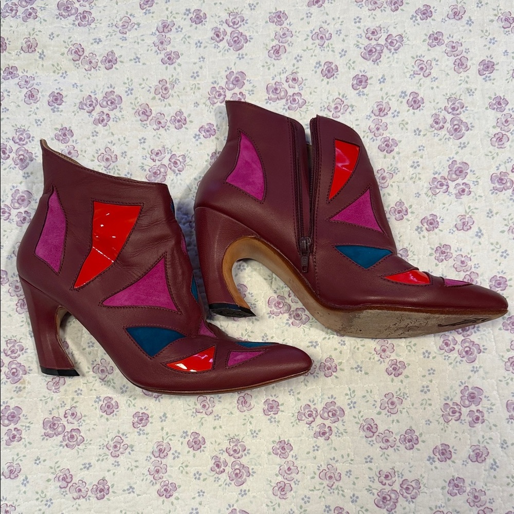 John Fluevog Burgundy Leather Ankle Boots with Pink, Blue & Red Accents - Picture 2 of 5